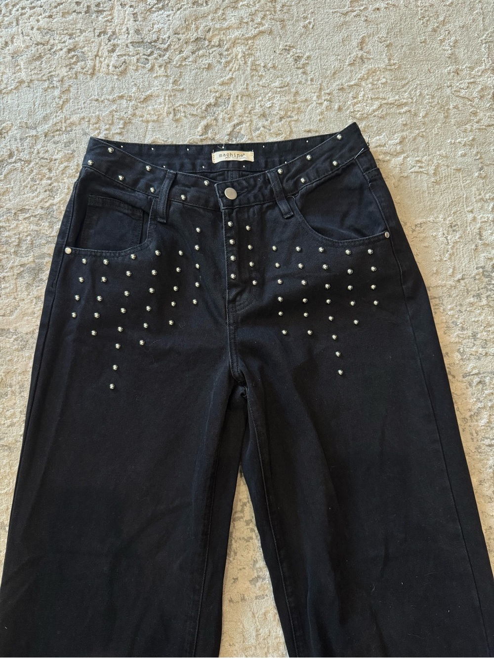 Black Straight-Leg Jeans with Silver Stud Detailing
